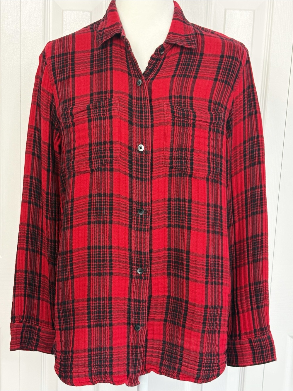 Madewell Red & Black Plaid Check Cotton Gauze Button Down Shirt Medium